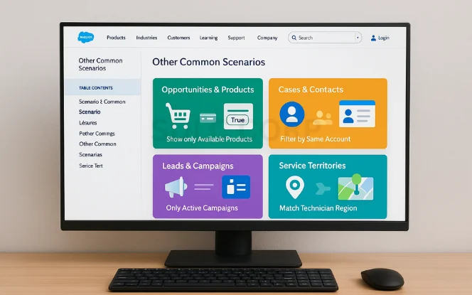 Salesforce screen with "Other Common Scenarios" showing Opportunities & Products, Cases & Contacts, Leads & Campaigns, and Service Territories filters.