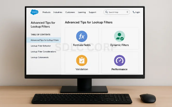 Salesforce screen titled "Advanced Tips for Lookup Filters" with options: Formula Fields, Dynamic Filters, Validation, and Performance.