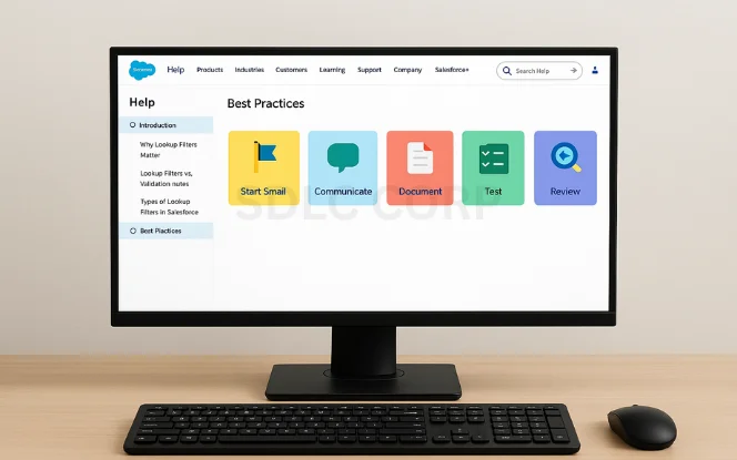 Salesforce interface showing "Best Practices" for lookup filters with colorful icons: Start Small, Communicate, Document, Test, and Review.