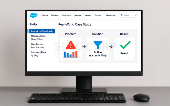 Salesforce interface with "Real-World Case Study" showing a workflow: Problem (error chart), Solution (Active Accounts Only filter), and Result (green checkmark success).