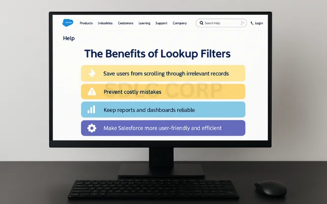 Salesforce dashboard with "The Benefits of Lookup Filters" listing advantages: Save users from irrelevant records, Prevent costly mistakes, Keep reports and dashboards reliable, and Make Salesforce more user-friendly and efficient.
