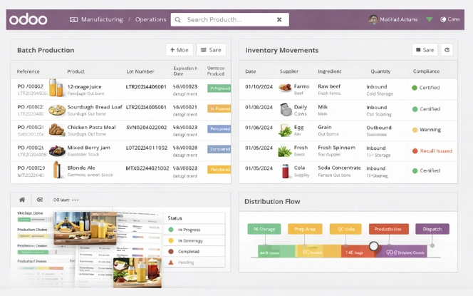 Odoo dashboard showing batch production data, supplier locations, compliance indicators, and distribution flow for food operations.