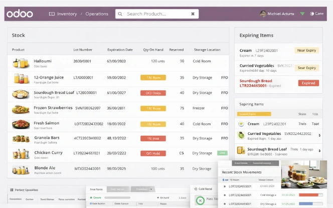Odoo inventory dashboard displaying food stock levels, lot numbers, expiration dates, and FIFO and FEFO indicators.