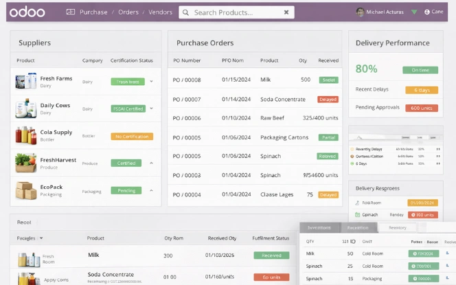 Odoo purchase dashboard showing supplier profiles, certification status, delivery performance, and purchase order history.