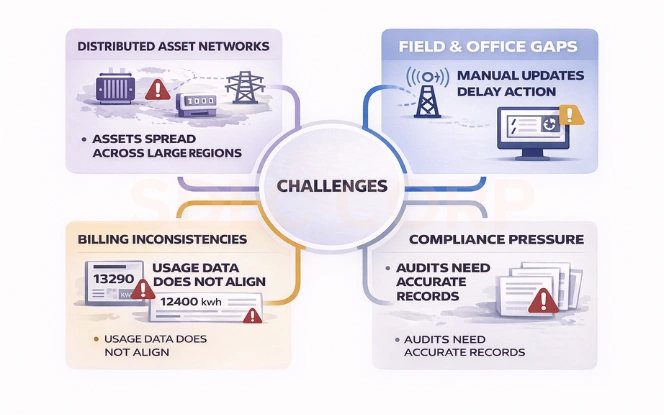 Operational challenges in energy and utilities showing fragmented systems and delays