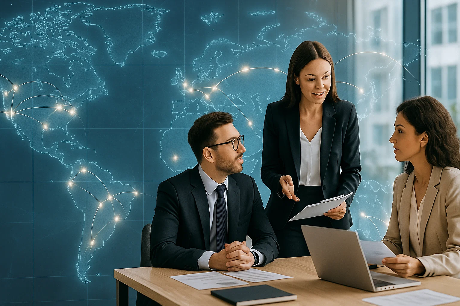 Business professionals in a modern office with a digital world map overlay symbolizing global B2B eCommerce connections — About Us hero banner.
