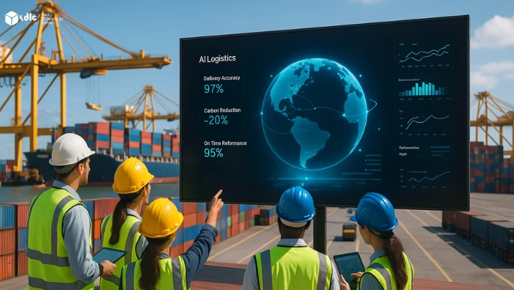 Logistics professionals in helmets gathered around a widescreen projected AI dashboard at a shipping port, displaying a 3D globe with shipping routes, KPIs, and optimization charts, with cranes, cargo ships, and stacked containers in the background.
