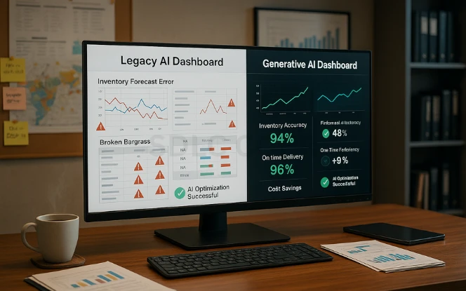 Why Traditional AI Struggled in Supply Chains Dashboard comparison showing legacy AI failures with cluttered charts and errors versus generative AI success with clear predictive graphs and KPIs in a supply chain context