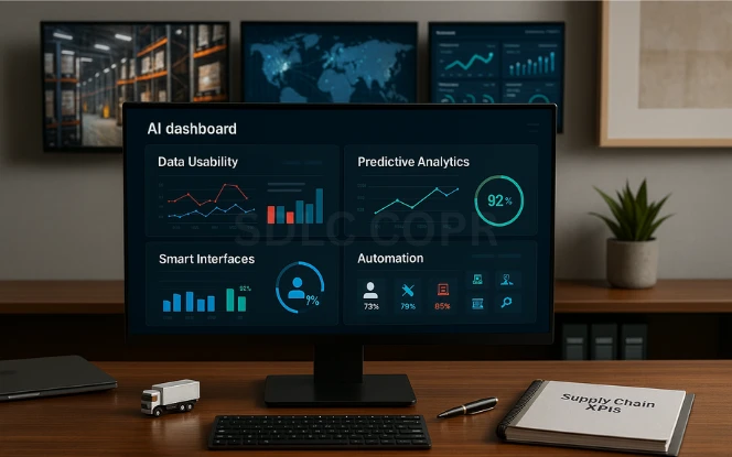 Key Benefits of Generative AI in Supply Chain Professional AI dashboard showing predictive analytics, automation workflows, and logistics KPIs that highlight the benefits of generative AI in supply chain optimization