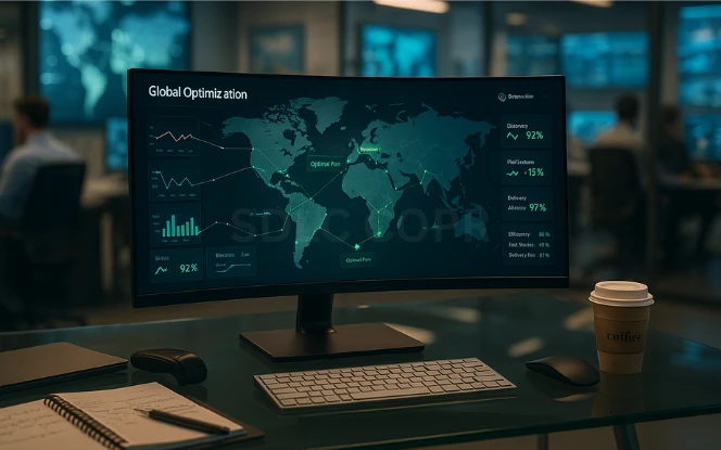 AI-Powered Supply Chain Optimization Curved widescreen monitor on a logistics desk displaying global shipping routes, cost analysis, and efficiency KPIs symbolizing AI-powered supply chain optimization