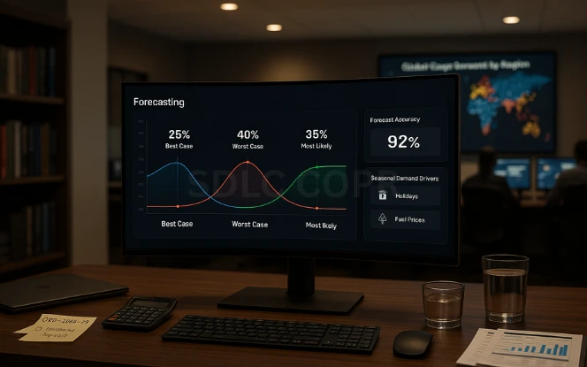 Demand Forecasting with Generative AI Widescreen monitor on an executive desk displaying probability curves for best case, worst case, and most likely demand forecasts with KPIs and seasonal drivers