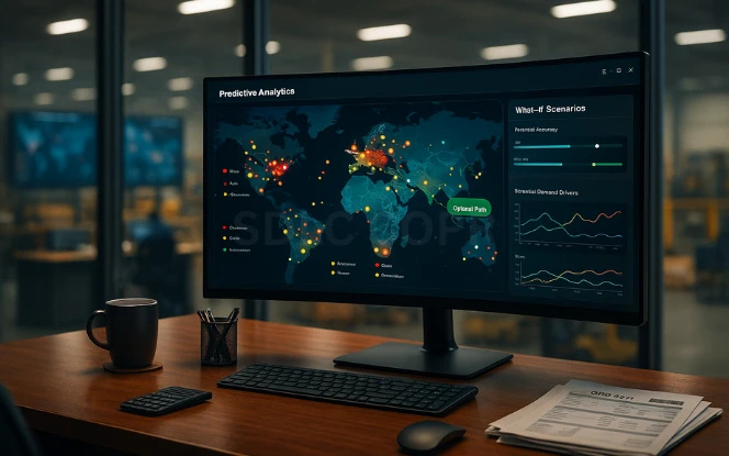 Predictive Analytics for Supply Chain Executive desk with a widescreen monitor showing a heatmap of global supply chain risks, dynamic what-if scenario sliders, and real-time KPI graphs