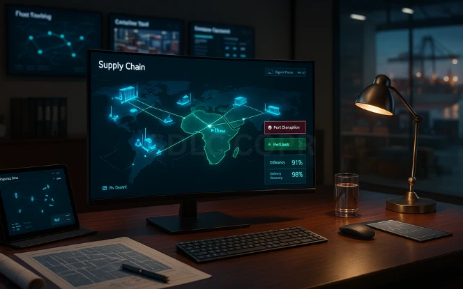 Digital Twins in Supply Chain Management Futuristic office desk with a widescreen monitor displaying a 3D digital twin of supply chain operations including factories, trucks, ships, and warehouses connected by glowing data lines