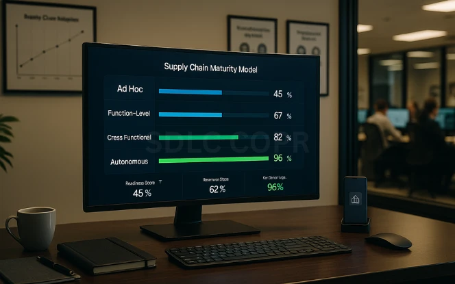 Four Levels of GenAI Adoption in Supply Chains Office monitor displaying a vertical maturity model dashboard with progress bars and KPI scores across four levels: Ad Hoc, Function-Level, Cross-Functional, and Autonomous