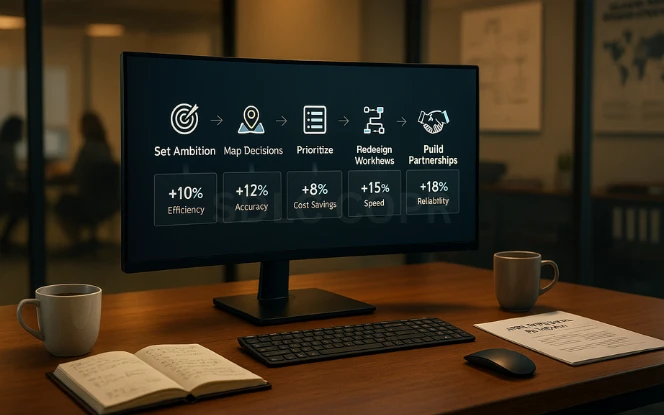 A Five-Step Implementation Playbook Professional office monitor displaying a horizontal flowchart dashboard with five steps—Set Ambition, Map Decisions, Prioritize, Redesign Workflows, Build Partnerships—each with icons and KPI gains