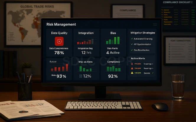 Challenges and Risks Executive desk with a widescreen monitor displaying a risk management dashboard showing categories like Data Quality, Integration, Bias, and Compliance with red, yellow, and green indicators, alongside mitigation strategies and alerts