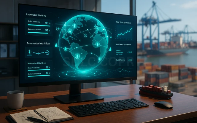 Future Outlook Futuristic logistics office with a widescreen monitor displaying a 3D globe of shipping routes, AI agents orchestrating operations, and sustainability KPIs, with a panoramic port view in the background