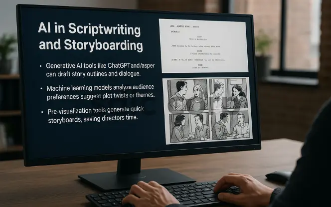 A computer monitor displaying a slide about AI in Scriptwriting and Storyboarding, explaining how generative AI tools draft story outlines, machine learning suggests plot twists, and pre-visualization tools create quick storyboards. The screen also shows a sample script and illustrated storyboard panels.