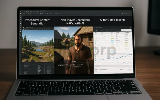 Laptop screen showing AI applications in gaming, including procedural content generation with a 3D landscape, an NPC interaction, and an AI game testing dashboard with bug reports and analytics.