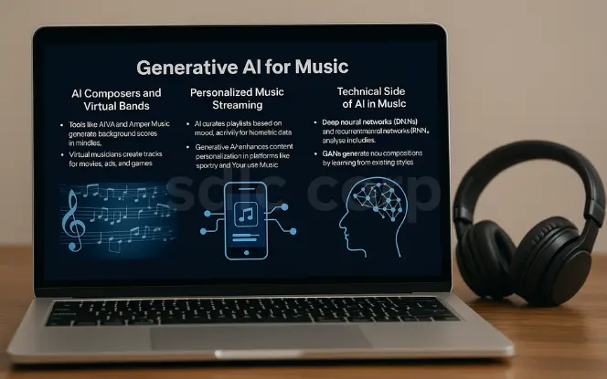 Laptop screen displaying generative AI applications in music, including AI composers, personalized streaming playlists, and neural network-based music generation, with headphones placed.