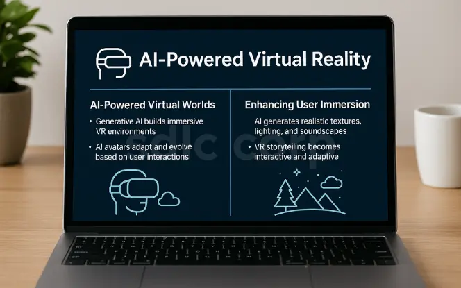 Laptop screen showing AI-powered virtual reality applications, including generative AI-built immersive VR environments, adaptive AI avatars, and enhanced user immersion with realistic textures, lighting, and interactive storytelling.