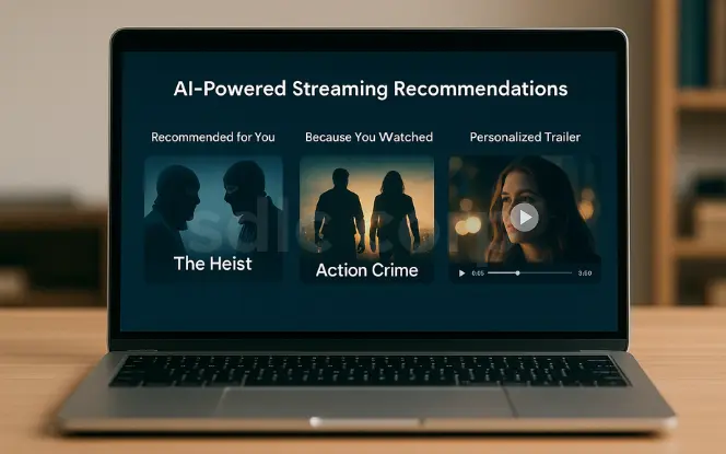 Laptop screen showing AI-powered streaming recommendations with personalized movie suggestions, “Because You Watched” section, and a tailored trailer preview for enhanced user engagement.
