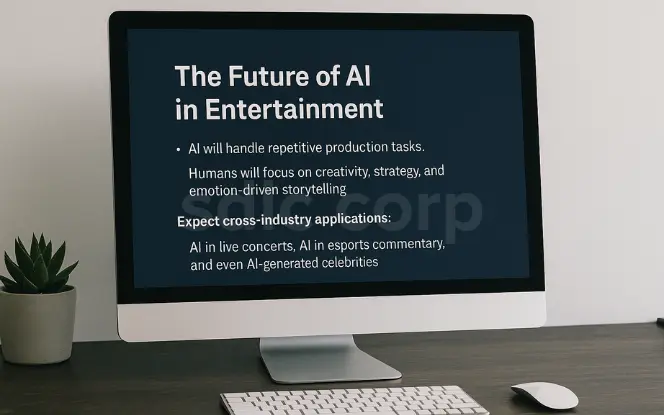 Computer screen displaying “The Future of AI in Entertainment,” highlighting AI-human collaboration, automation of repetitive tasks, and cross-industry applications like live concerts, esports commentary, and AI-generated celebrities.