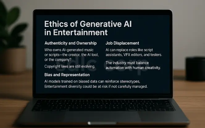 A laptop screen displaying a professional presentation slide titled 'Ethics of Generative AI in Entertainment,' highlighting key issues such as authenticity and ownership, bias and representation, and job displacement in the entertainment industry.