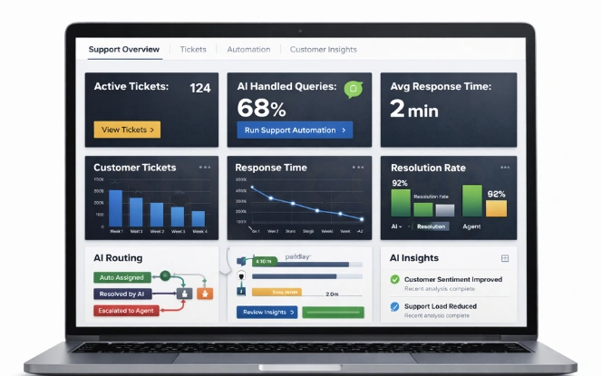 AI customer support dashboard showing ticket automation and response time improvements.