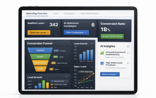 AI marketing and sales dashboard visualizing lead scoring and campaign performance.