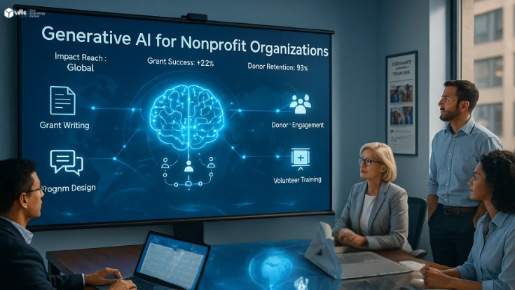 Conference room with professionals watching a widescreen projector displaying a Generative AI dashboard for nonprofits, featuring glowing AI brain, donor engagement charts, grant writing panel, and global impact KPIs.