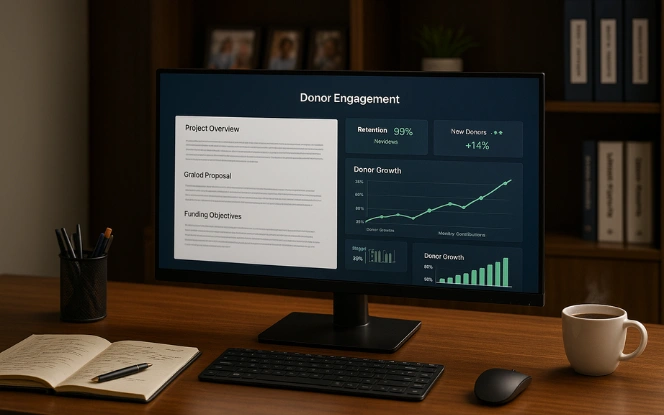 Understanding Generative AI in the Nonprofit Sector Widescreen monitor in a nonprofit office showing an AI dashboard with panels for grant writing, donor engagement, program design, and volunteer training, symbolizing the role of Generative AI in the nonprofit sector