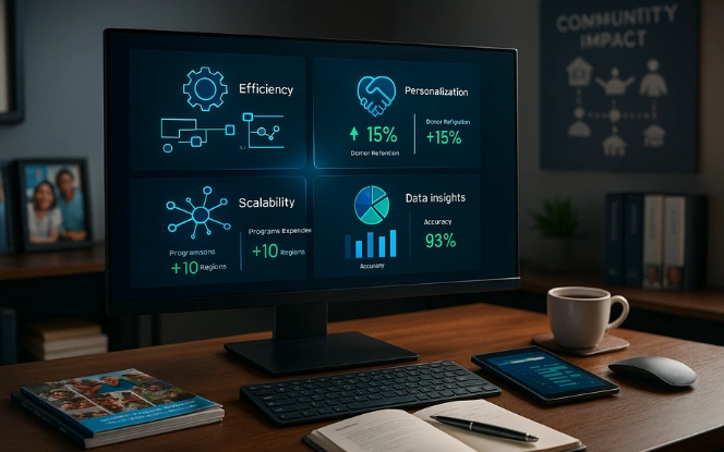 Benefits of Generative AI for Nonprofits Executive desk with a widescreen monitor showing quadrant icons for efficiency, personalization, scalability, and data insights with KPIs highlighting donor retention and operational savings