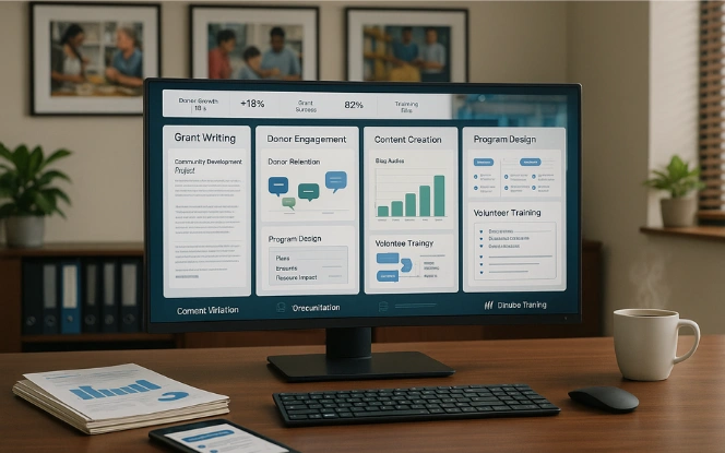 Practical Use Cases Office desk with a widescreen monitor displaying nonprofit AI use cases including grant writing, donor engagement, content creation, program design, and volunteer training with charts and documents