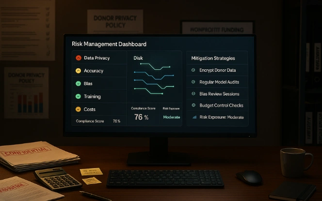 Challenges and Considerations Executive desk with a widescreen monitor showing a nonprofit risk management dashboard with categories like data privacy, bias, training, accuracy, and costs marked by red, yellow, and green status indicators, alongside mitigation strategies