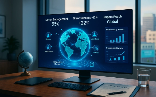 Future Outlook Modern nonprofit office with a widescreen monitor displaying a glowing 3D globe connected to donors, volunteers, and beneficiaries, with KPIs for engagement, grant success, and global impact