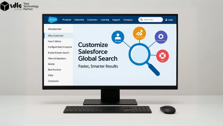 Computer screen displaying a Salesforce interface with the title "Customize Salesforce Global Search - Faster, Smarter Results." Sidebar navigation shows sections like Introduction, Why Customize, How It Works, and more. Central icons represent different Salesforce objects: Account, Opportunity, Case, and Custom Object. SDLC Corp logo is visible in the upper-left corner.