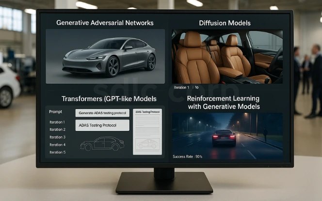 Infographic explaining generative AI in automotive—covering concept design, synthetic driving data for ADAS, manufacturing, and service.