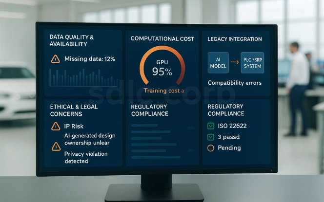 AI automotive dashboard highlighting regulatory compliance, IP risks, and system compatibility errors