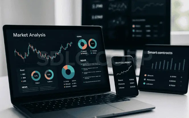 Multiple devices showing AI-driven crypto market analysis dashboards, smart contracts, and digital asset monitoring for Bitcoin and Ethereum.
