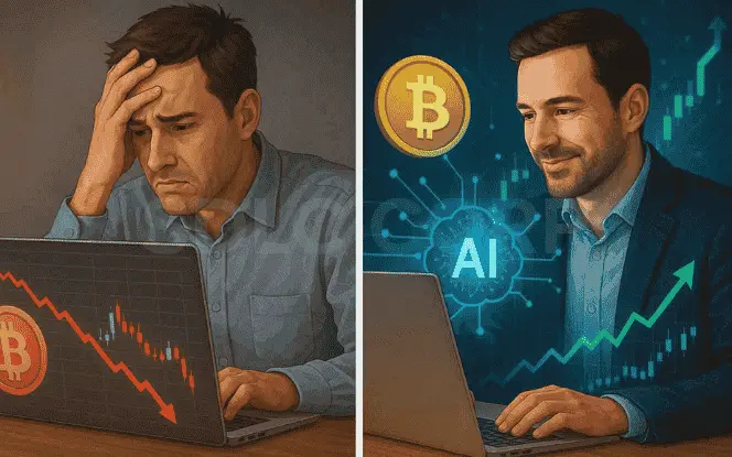 Comparison of two traders: one frustrated with losses from manual Bitcoin trading, and another smiling with AI-powered profitable results.
