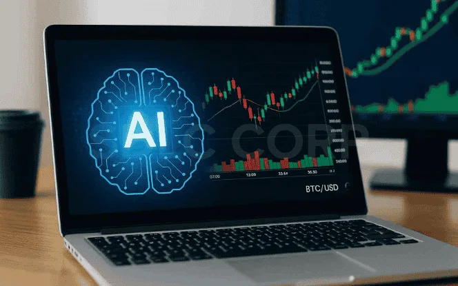 Laptop displaying AI-driven cryptocurrency market analysis with Bitcoin price charts, trading signals, and blockchain insights.