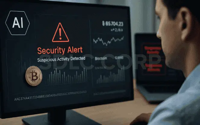 Crypto analyst reviewing AI security alert dashboard detecting suspicious wallet activity and potential fraud in Bitcoin transactions.