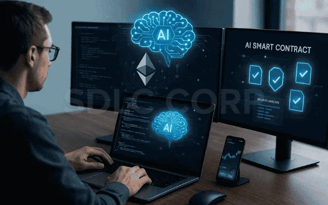 Developer reviewing AI-enhanced smart contract dashboards with Ethereum integration, automated code analysis, and blockchain security checks.