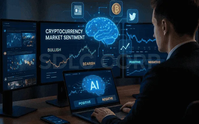 Crypto trader analyzing AI-driven market sentiment dashboards showing bullish and bearish indicators with Bitcoin and Ethereum data.