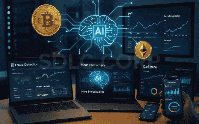 Multiple monitors displaying real-world AI applications in cryptocurrency, including fraud detection, Hive Blockchain mining, DeFi lending, and Darktrace cybersecurity.