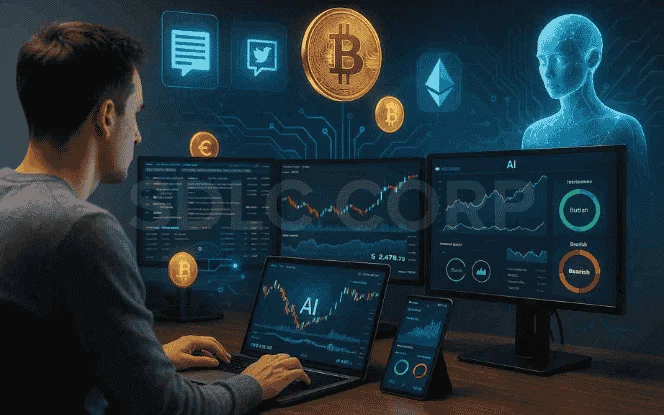 Trader at a workstation using AI-powered trading bots with real-time Bitcoin and Ethereum market charts, sentiment analysis, and digital assistant guidance.