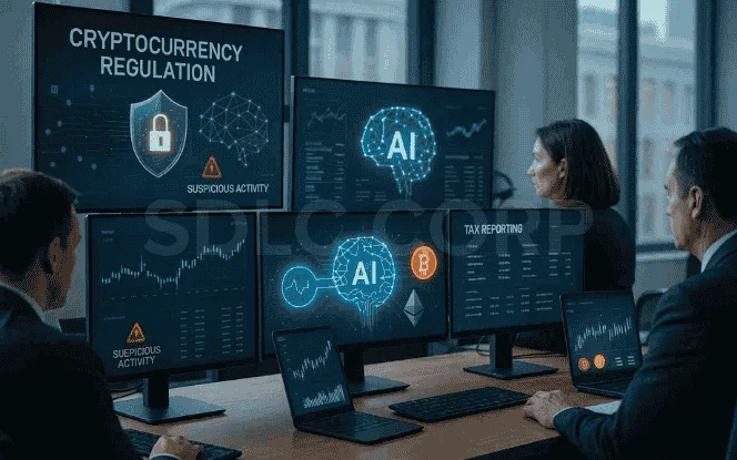 Government regulators monitoring cryptocurrency activity on AI-powered dashboards showing suspicious transactions, compliance alerts, and tax reporting.