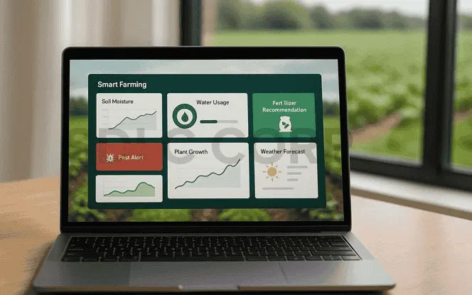 Generative AI in Agritech smart farming dashboard showing soil moisture, fertilizer use, pest alerts, and weather forecasts.