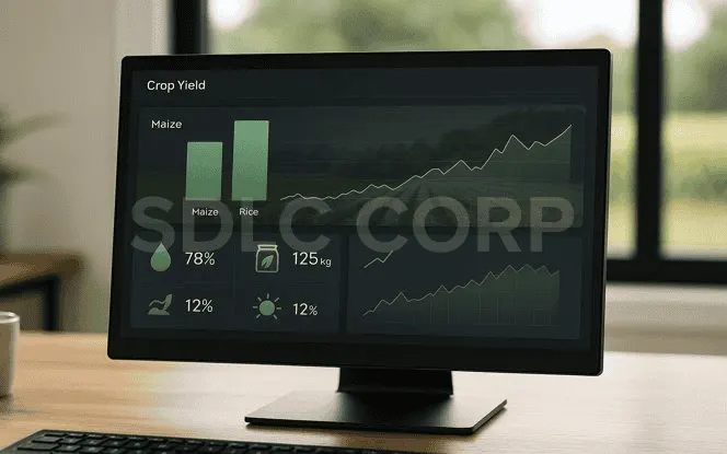 Generative AI in Agritech crop yield dashboard comparing maize and rice productivity with AI-driven insights.
